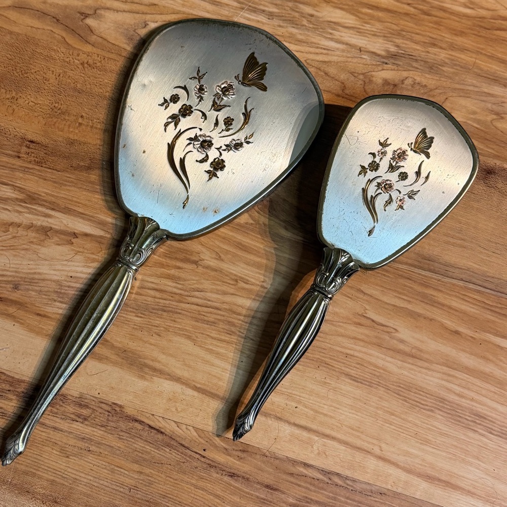 Vintage Gold & Silver Tone Vanity Set Ornate Floral Hand Mirror & Hair Brush MCM
